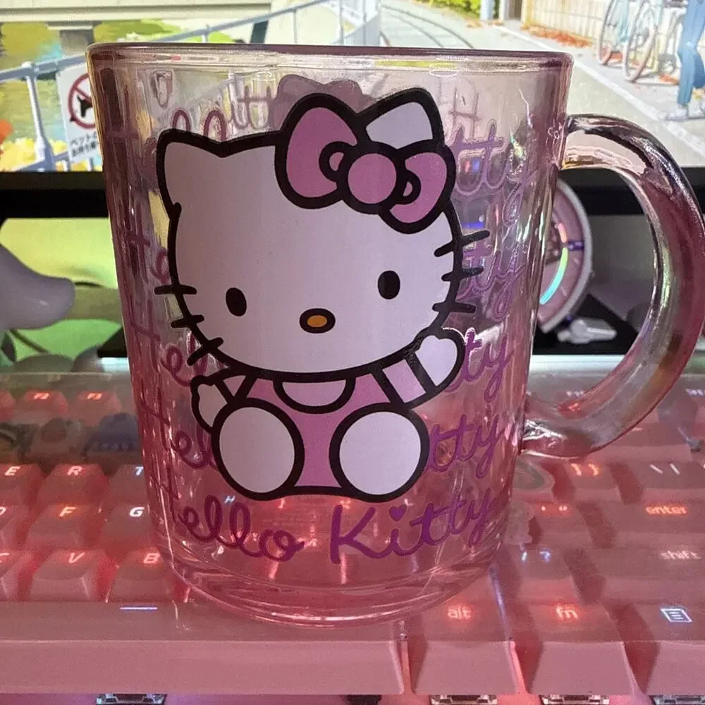 Sanrio Hello Kitty Mug Clear Pink Glass Large Coffee Cup 17.5oz 2024 Classic Bow